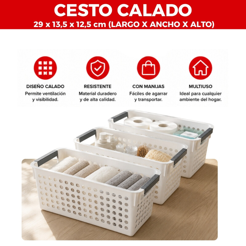 Cesto Organizador calado con asas 29 x 13.5 x 12.5 cm BLANCO