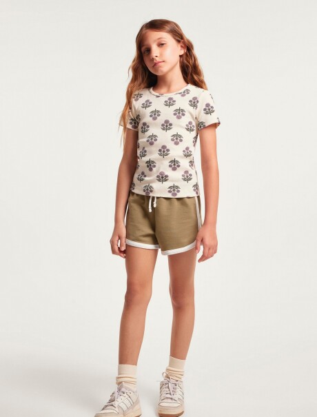 BLUSA CON ESTAMPADO EN TELA ACANALADA BEIGE