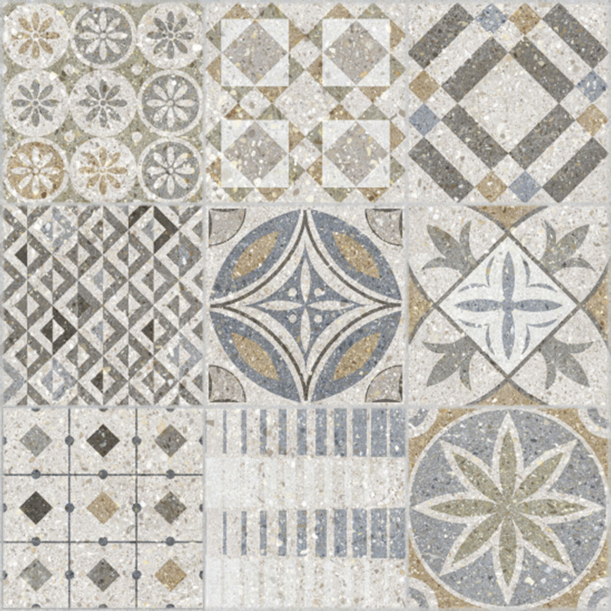 PORCELANATO PARA PISO DE 60X60 PATCHWORK RUSTICA MATE SERIE HYDRA ARGENTA - GAMAS DE BEIGE 