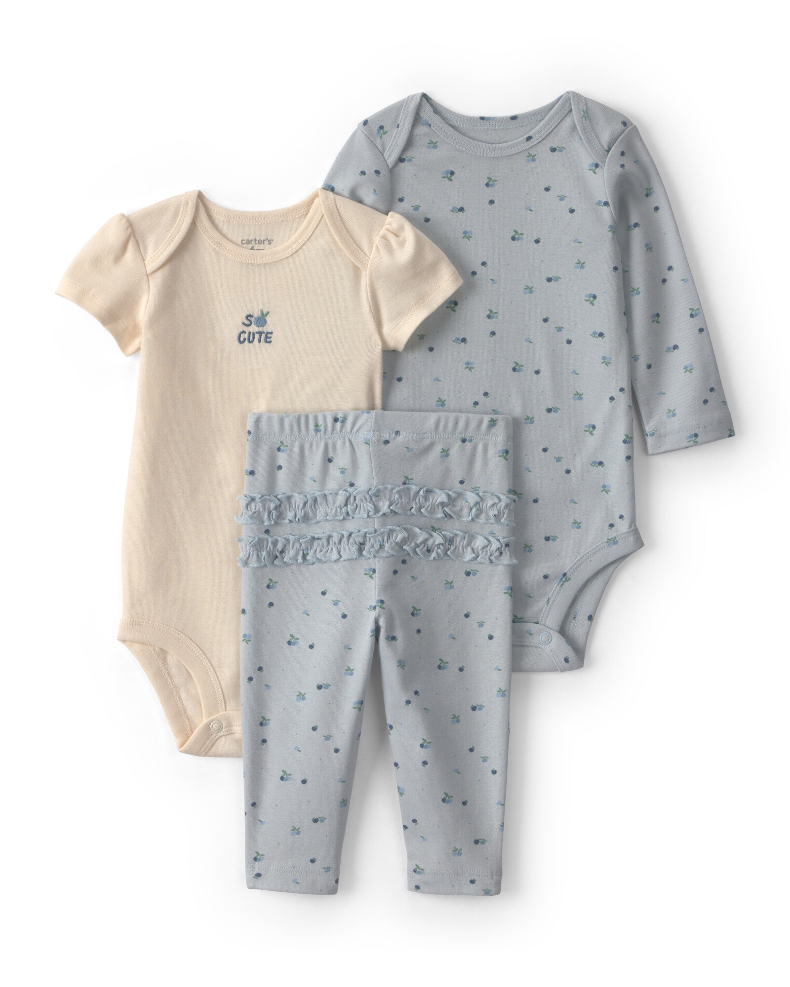 Set tres piezas de algodón, pantalón y bodies, azul y crema, diseño arándanos Sin color
