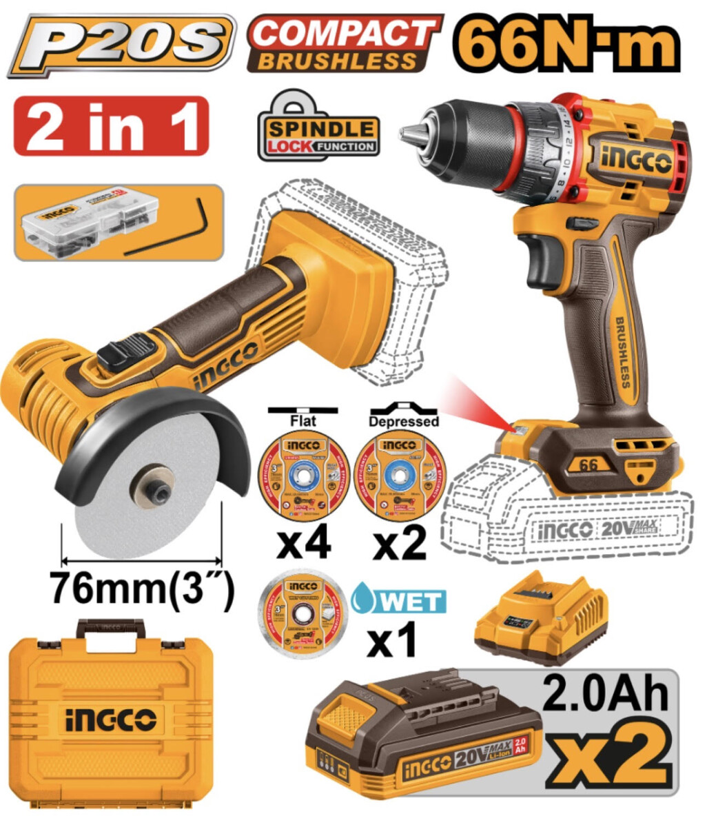 KIT A BATERIA INGCO P20S 20V MINI AMOLADORA 3" MULTIFUNCION + TALADRO ATORNILLADOR 66NM + 2BAT, CARGADOR, VALIJA Y ACCESORIOS 