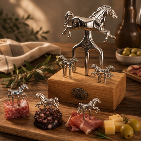 Set de Garra con 6 Pinchos y Base de Madera Caballo Plateado