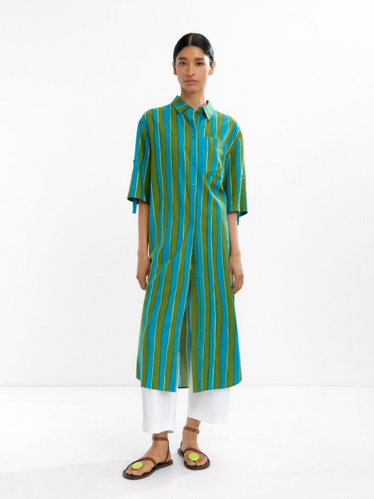 Vestido Camisero A Rayas Mezcla De Lino azul