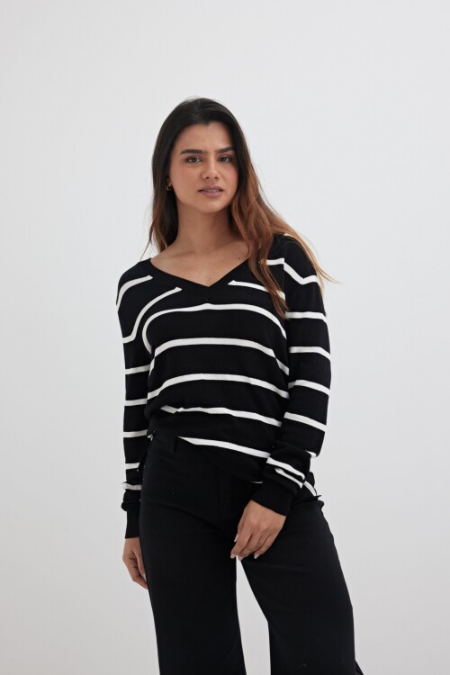 Sweater escote V rayas NEGRO