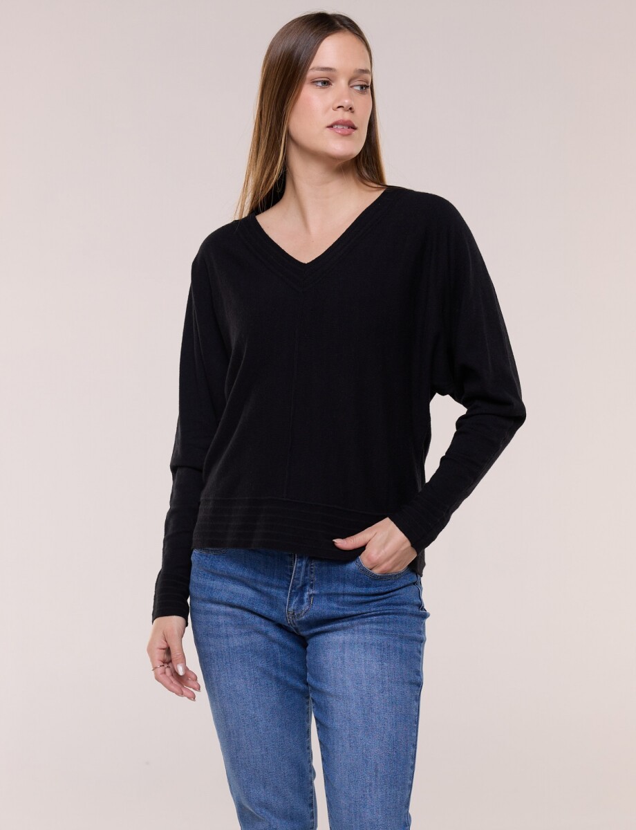 Buzo Tejido Fino Escote V Con Costura Central - Negro 