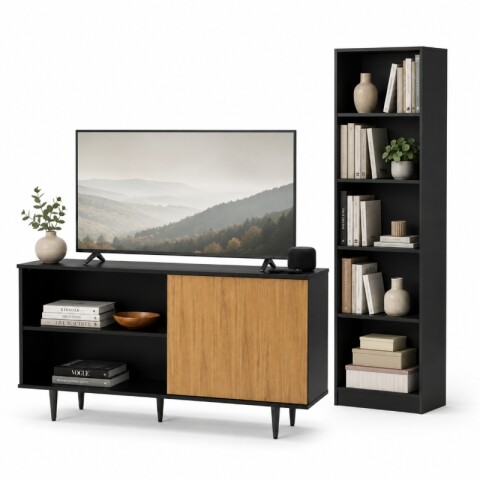 Combo de living Rack de Tv PADUA y Biblioteca Multiusos Anita - Negro Combo de living Rack de Tv PADUA y Biblioteca Multiusos Anita - Negro