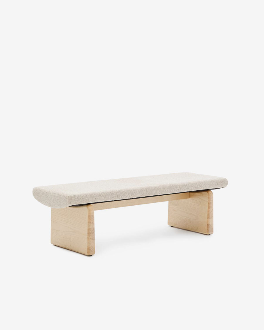 Banco Topaz de chenilla beige y madera maciza de fresno con acabado natural 150cm FSC 100%