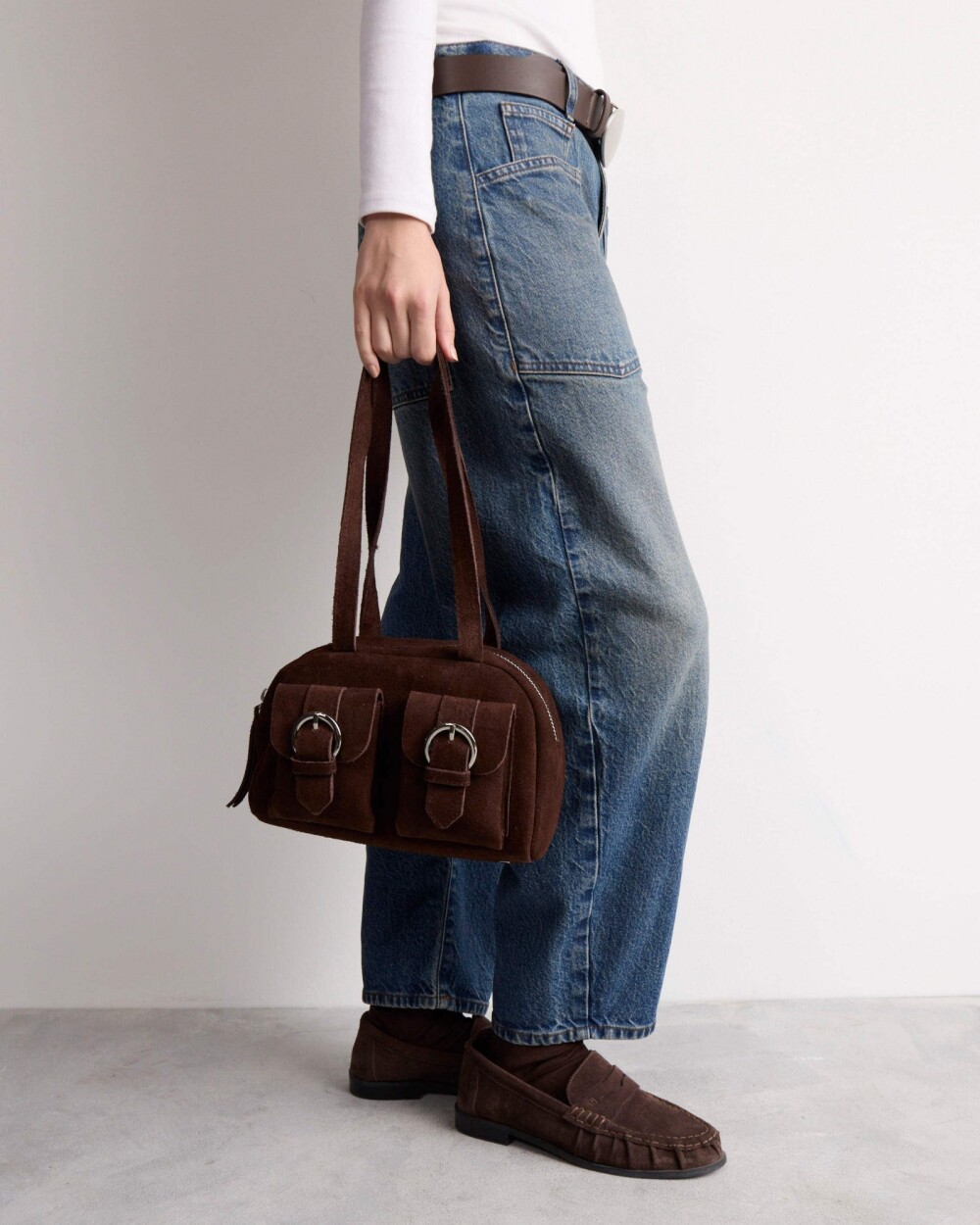 Cartera al hombro Indie en cuero gamuza Marron