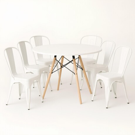 Juego de comedor mesa Redonda 120cm + 6 Sillas Tolix Blanco