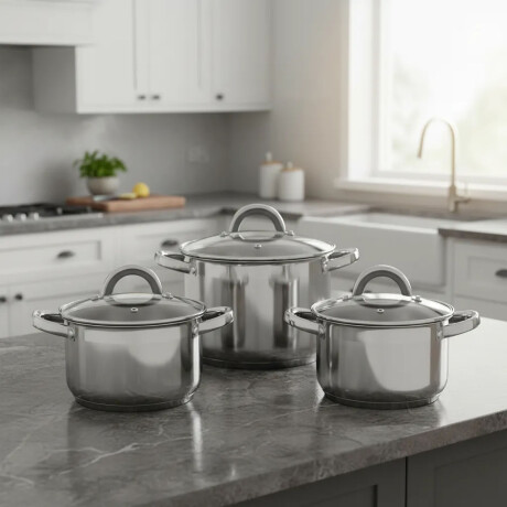 Set 3 Ollas Acero Inoxidable Con Tapas Vidrio Reforzadas Plateado