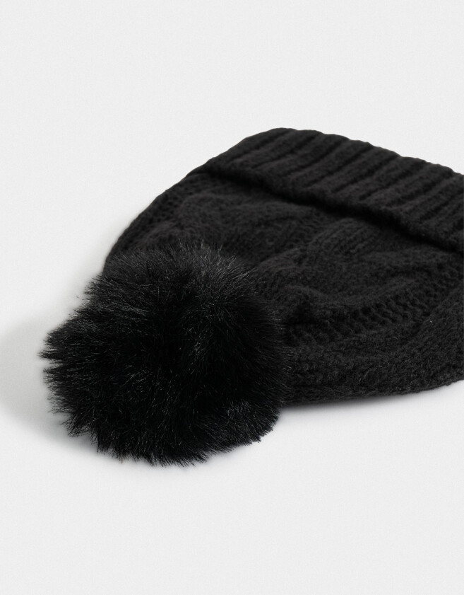 Gorro Clasico Gorro Tejido Con Pompón Negro - Negro