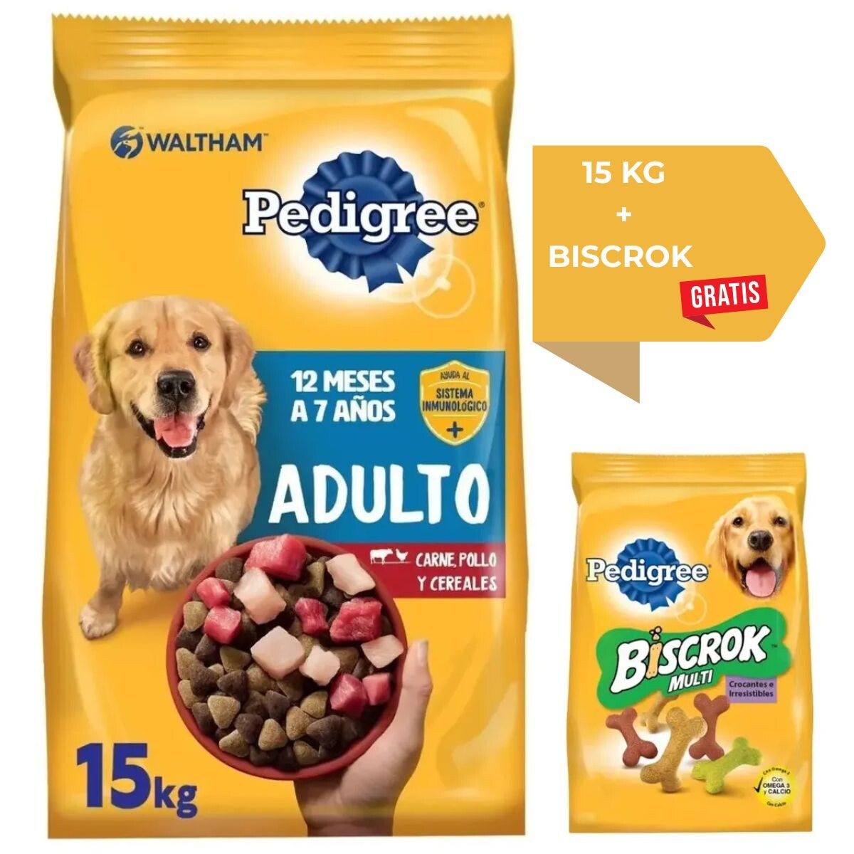 PEDIGREE PERROS ADULTOS - 15 KG + SNACK BISCROK DE REGALO 