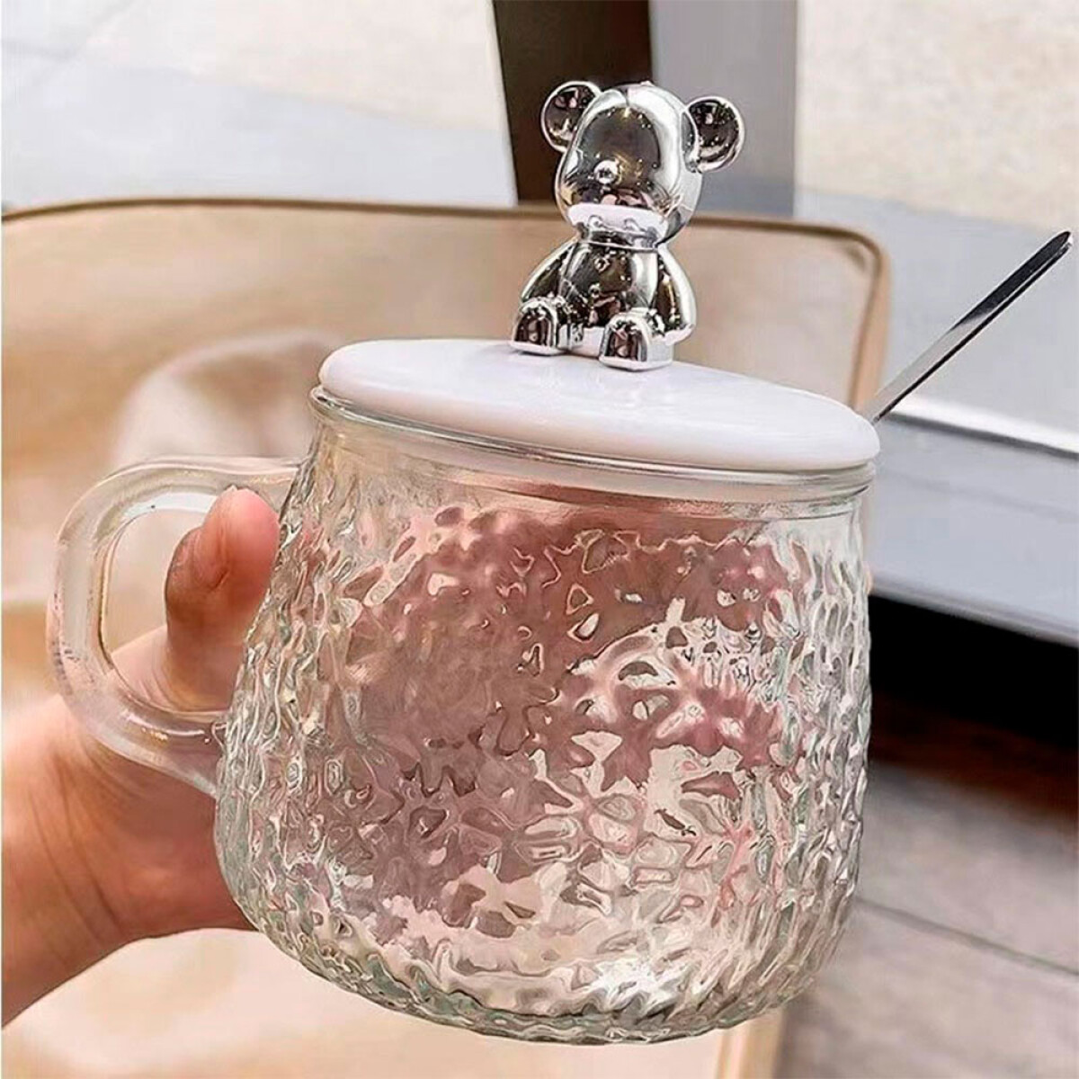 Taza de vidrio c/tapa osito y cucharita 350ml (OW1001) - Taza De Vidrio C/tapa Osito Y Cucharita 350ml (ow1001) 