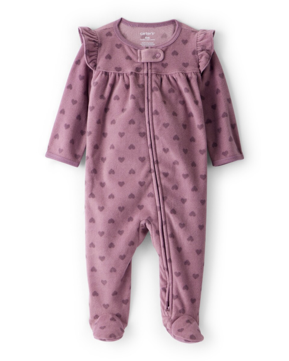 Pijama una pieza de micropolar, con pie, púrpura, diseño corazones 
