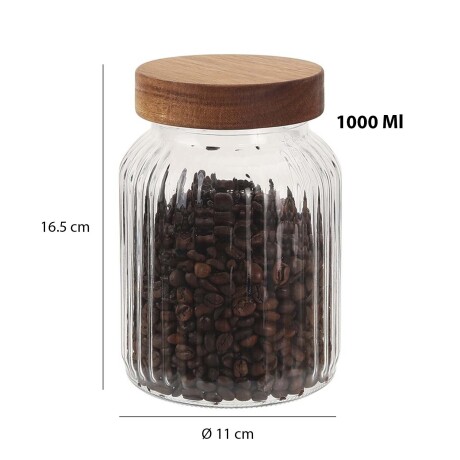 Frasco Recipiente de Vidrio Labrado 1000Ml Tapa Rosca Madera Transparente