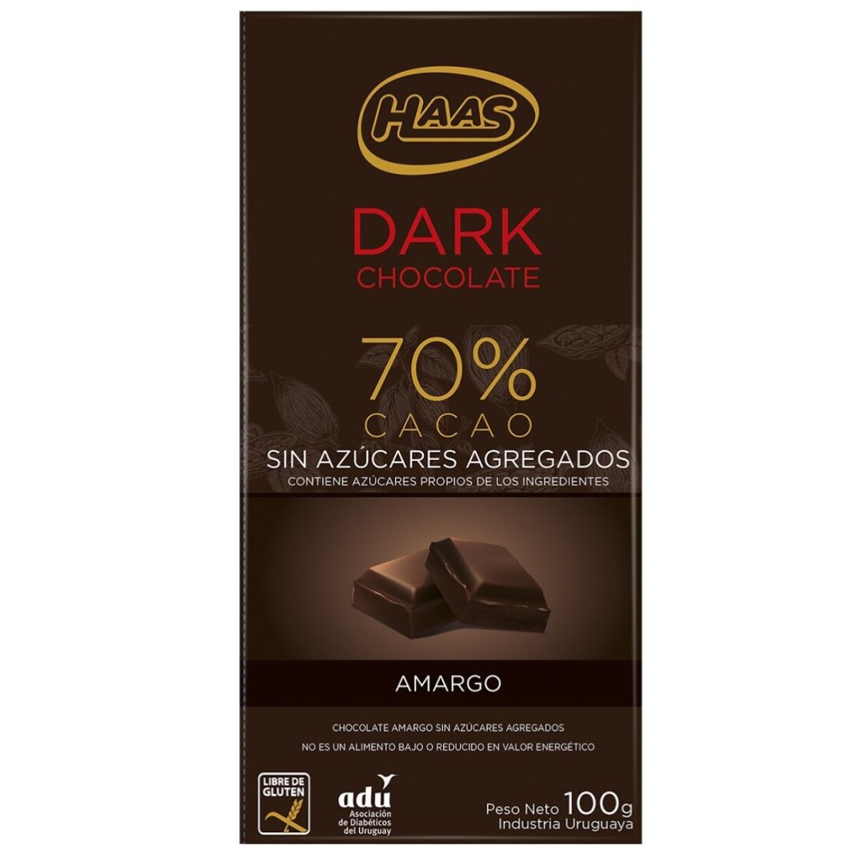 Tableta de Chocolate HAAS Dark 70% Cacao Sin Azúcar Amargo 100 GR 
