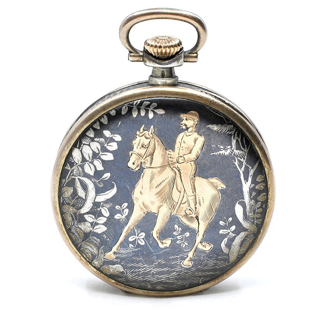 Reloj De Bolsillo En Plata Y Oro, 45,50 Mm, Escena De Caballo Y Jinete Reloj De Bolsillo En Plata Y Oro, 45,50 Mm, Escena De Caballo Y Jinete