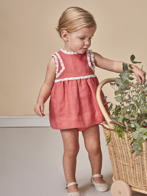 Vestido Lino Con Tiras Bordadas En Contr Fresa Claro