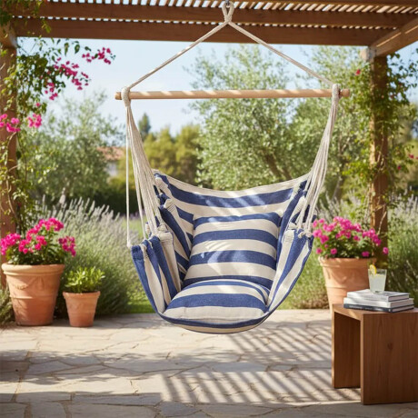 Hamaca Paraguaya Sillón Colgante Colores C/Almohadón Azul-Blanco