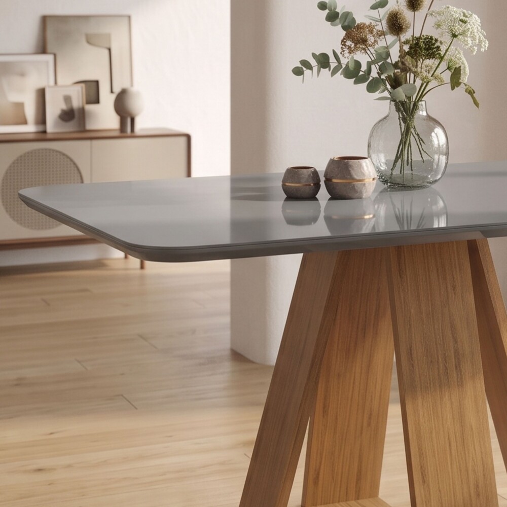 Juego De Comedor - 4 Sillas + Mesa Tapa De Vidrio - Celeste Gris / Beige
