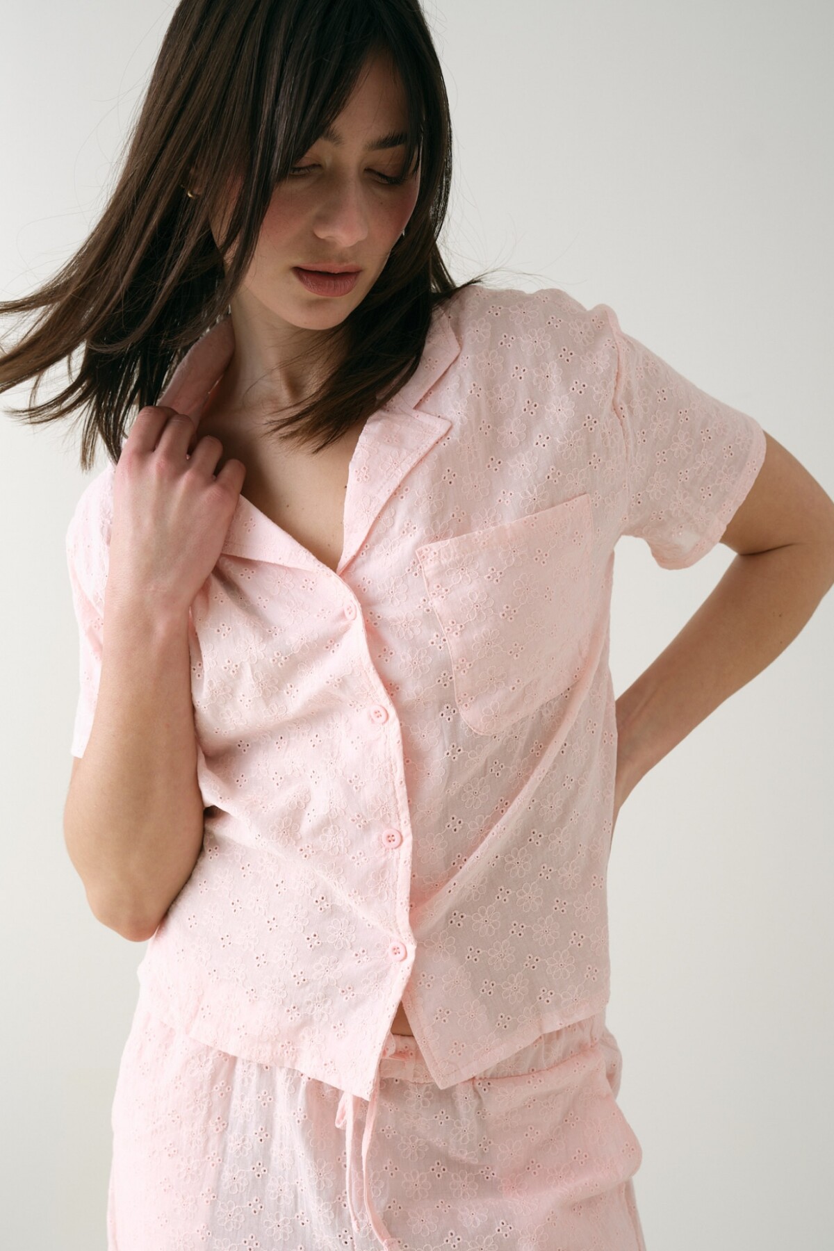 Camisa Manga Corta Broderie Rosado