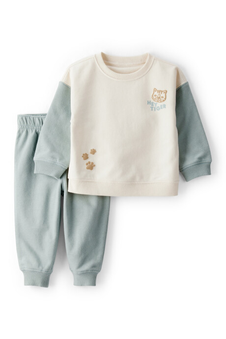 Set dos piezas de algodón, pantalón y buzo, azul y crema, estampa tigre. Talles 6-24M Sin color