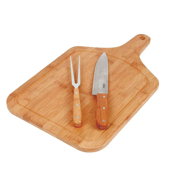 KIT ASADO 3 PIEZAS TABLA BAMBU Y UTENSILLOS MARRON