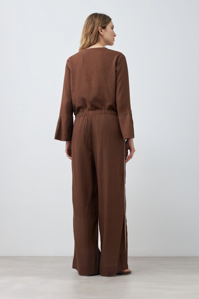 Pantalón de lino con vivo en contraste chocolate
