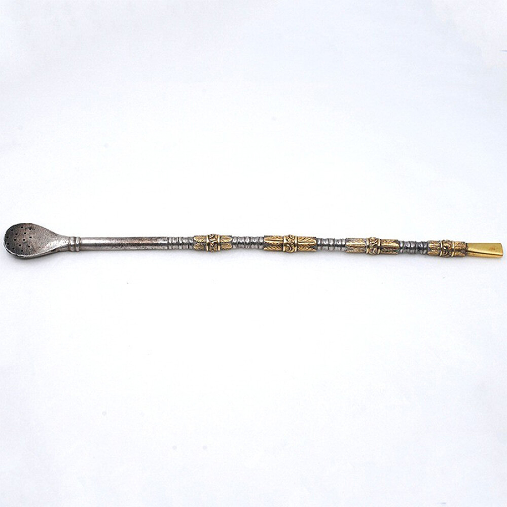 Bombilla Antigua Larga En Plata Y Oro. Excelente Trabajo De Plateria Bombilla Antigua Larga En Plata Y Oro. Excelente Trabajo De Plateria