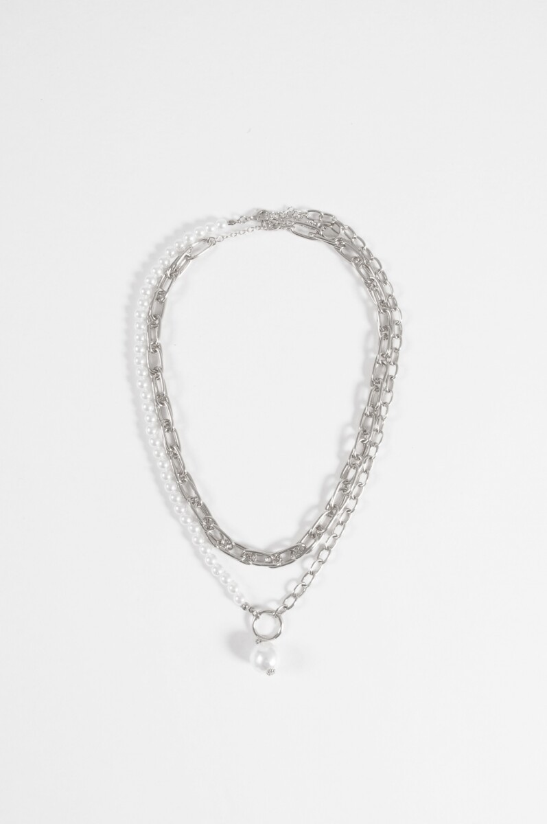 Collar multiple cadenas con perla - plateado 