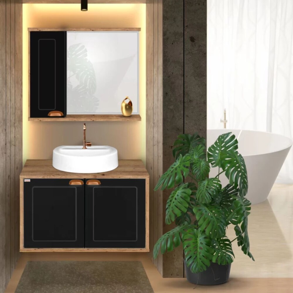 Mueble de baño Creta Rustico 78 cm negro con bacha de loza Mueble De Baño Creta Rustico 78 Cm Negro Con Bacha De Loza