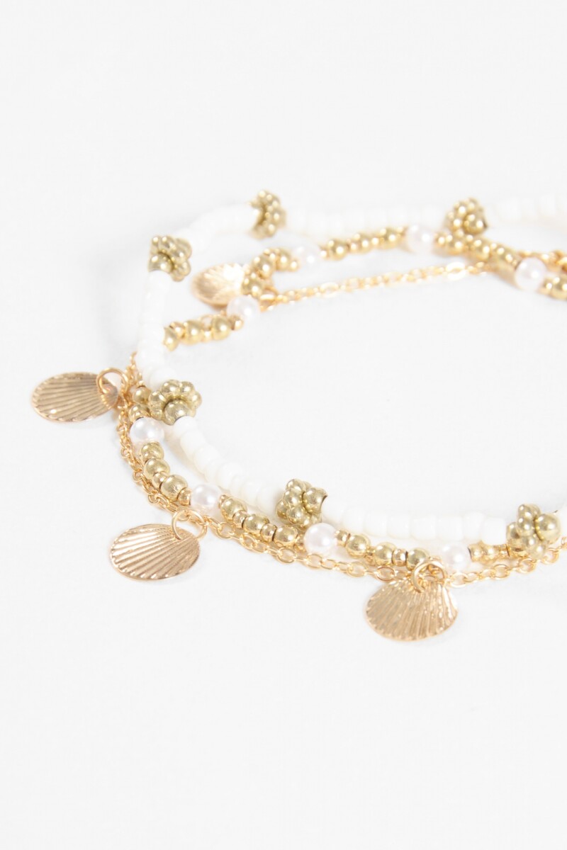 Tobillera triple con mostacillas blanco