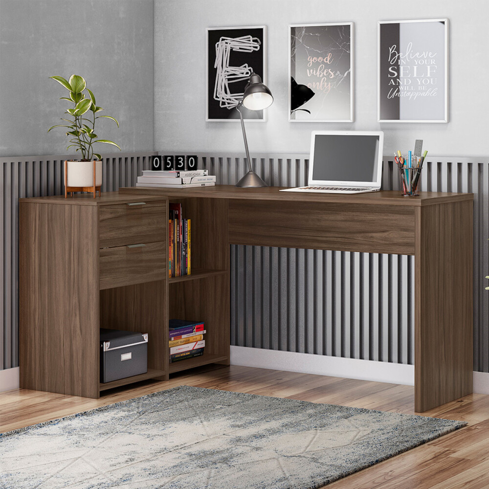 ESCRITORIO 2 CAJONES MESA PARA PC LAPTOP COMPUTADORA DOBLE MONTAJE MARRON