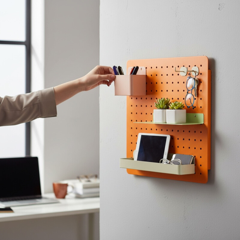 Panel perforado pegboard metálico organizador de pared 40x40 cm – Multiuso para el hogar Naranja