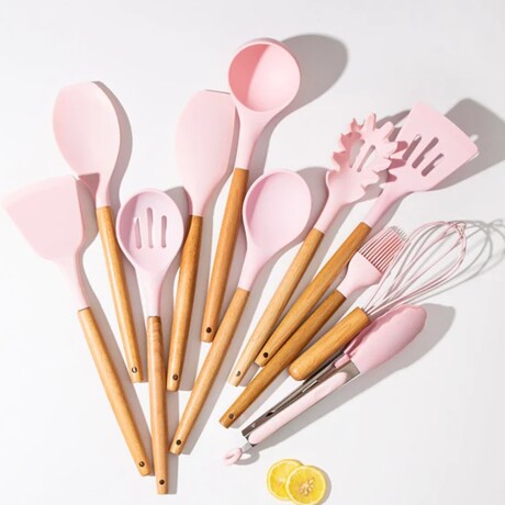 Set Menage 12Pzs Utensillos Cocina en Silicona Antiadherente Rosa