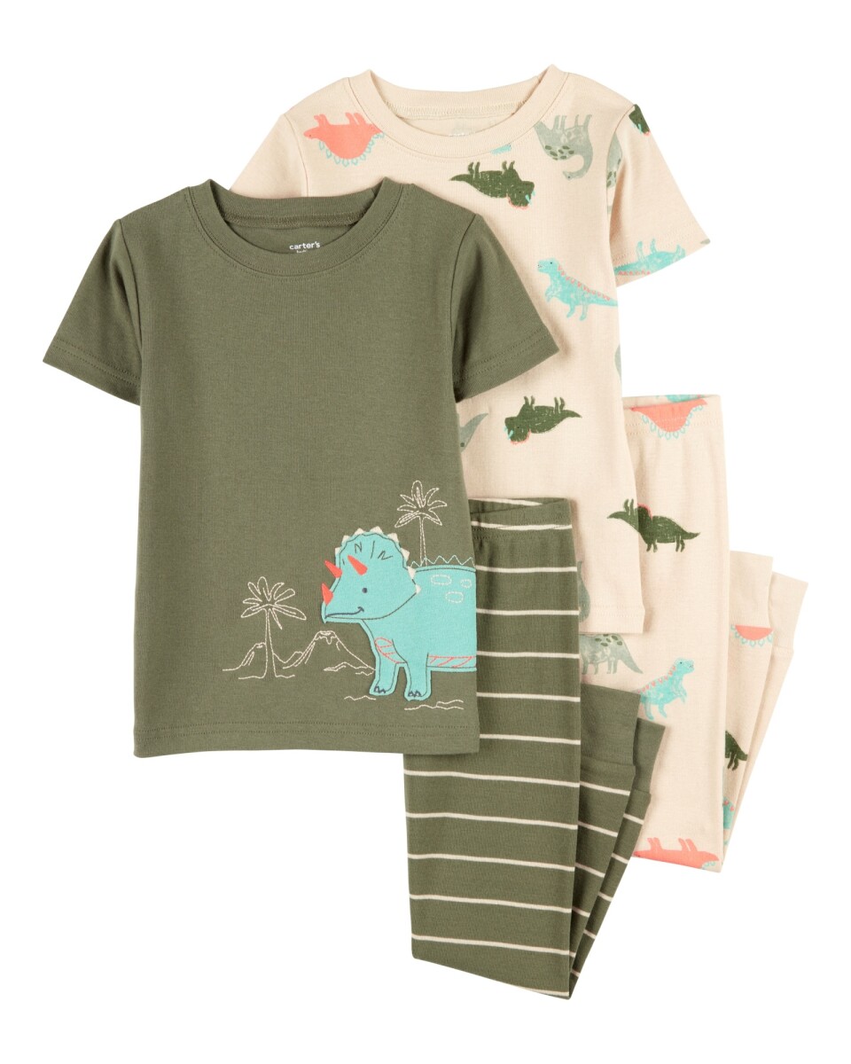 Pijama cuatro piezas de algodón, dos pantalones y dos remeras, tonos verde y crema, diseño dinos 
