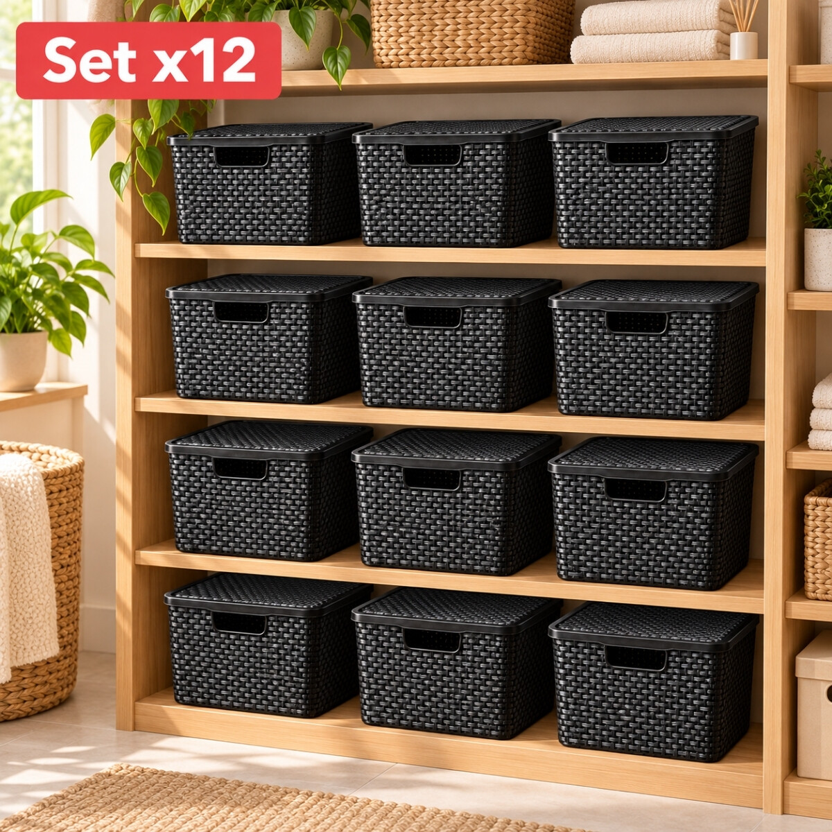Set x12 caja organizadora simil ratán 7lts - NEGRO 