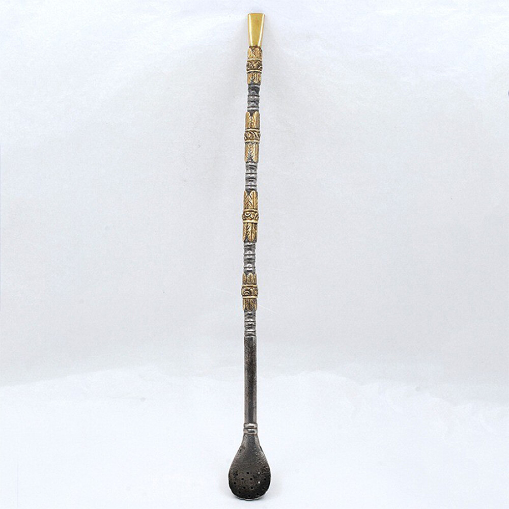 Bombilla Antigua Larga En Plata Y Oro. Excelente Trabajo De Plateria Bombilla Antigua Larga En Plata Y Oro. Excelente Trabajo De Plateria