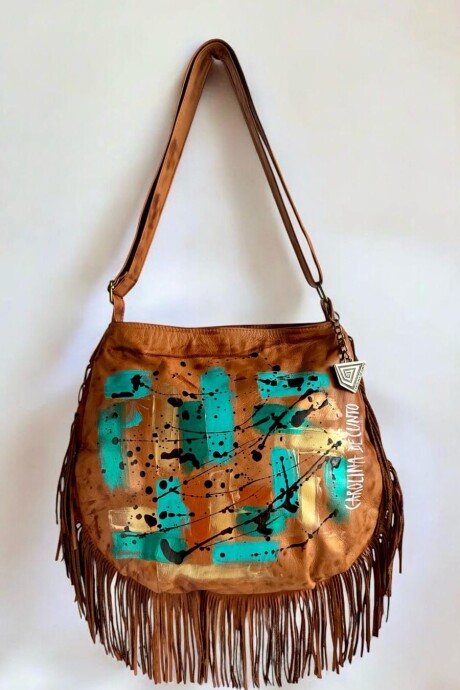 Cartera ODINA Línea Ottenta Con Flecos Terra Con Arte Turquesa