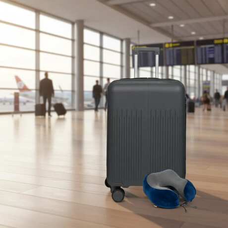 Set Valija Grande Rígida + Almohadón Cervical Memoria Azul Gris Oscuro