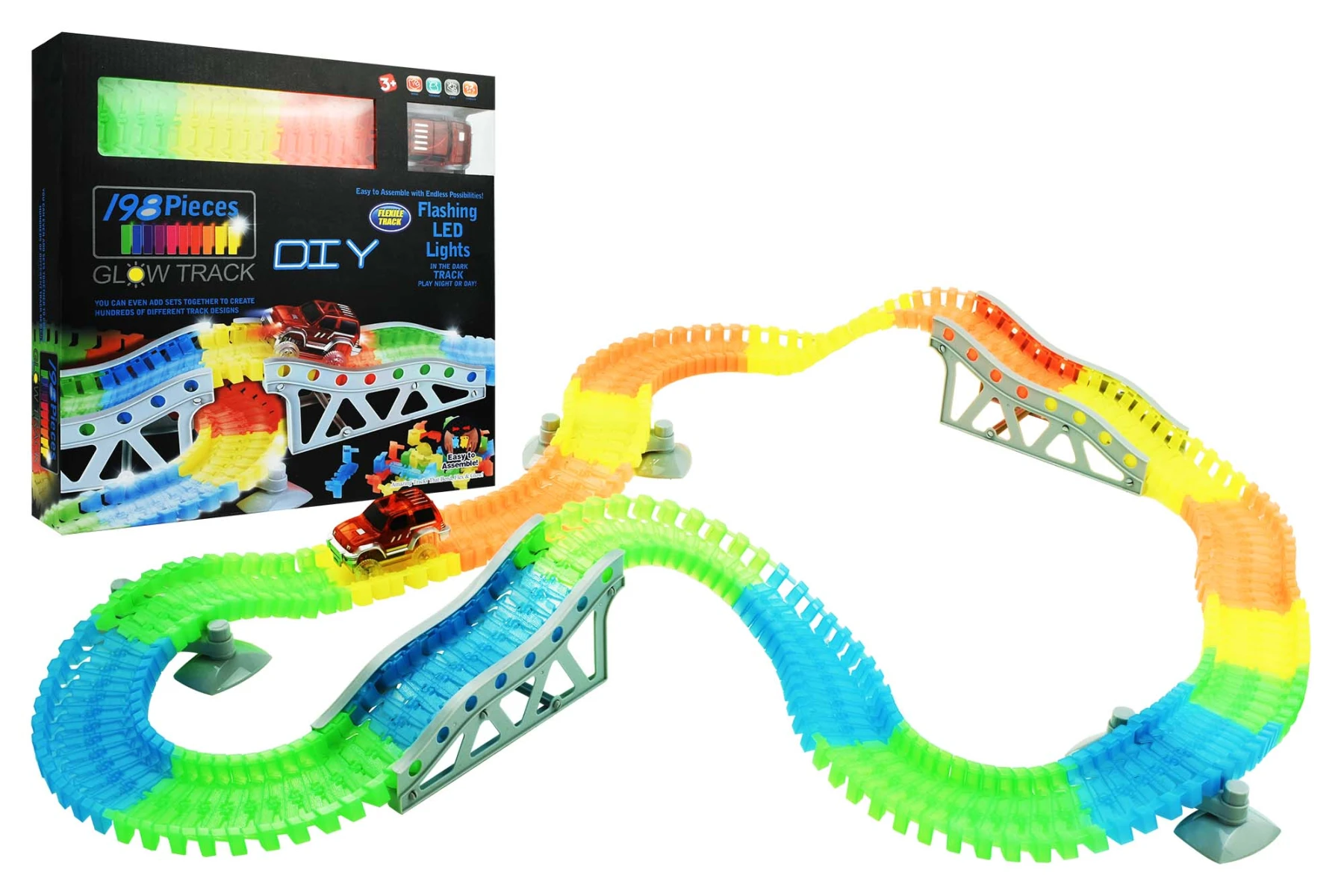 PISTA DE AUTOS FLUO FLEXIBLE 198PCS C/1 AUTO C/PUENTE 1499-303 