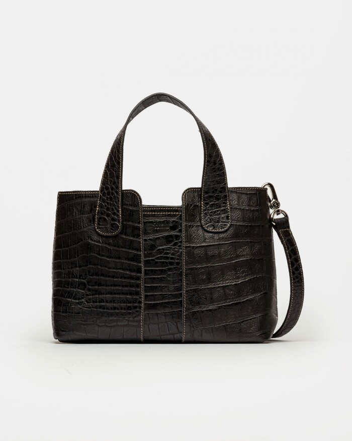 Cartera de Mano The Braided En Cuero Grabado Croco Negro