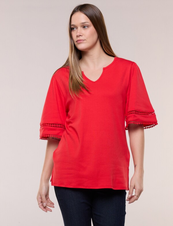 Remera De Algodón Con Detalles De Puntilla ROJO