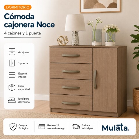 Cómoda Cajonera para Dormitorio de 4 Cajones y 1 Puerta en MDP - Noce Cómoda Cajonera para Dormitorio de 4 Cajones y 1 Puerta en MDP - Noce