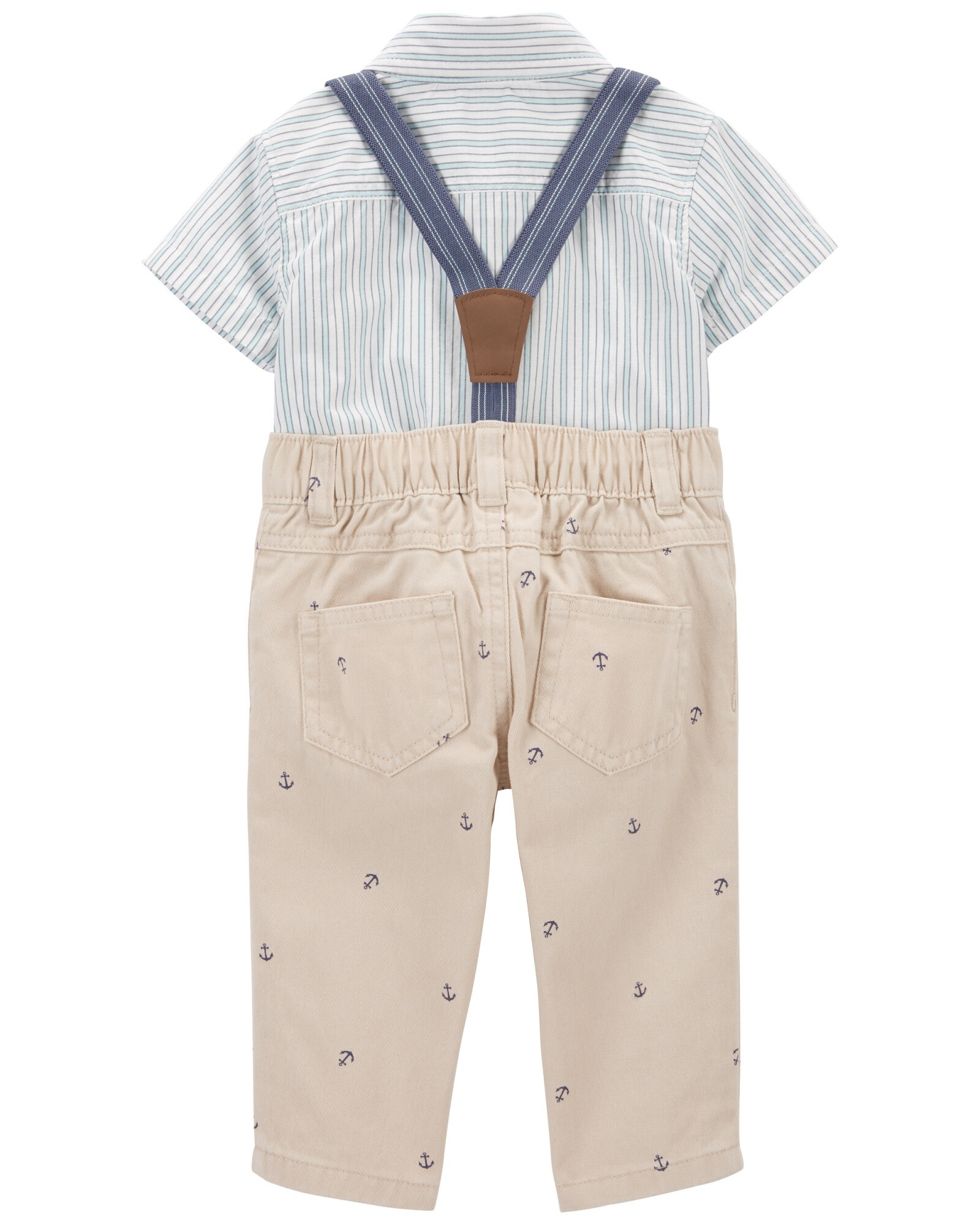 Set tres piezas pantalón, tiradores y body camisa de algodón Set tres piezas pantalón, tiradores y body camisa de algodón