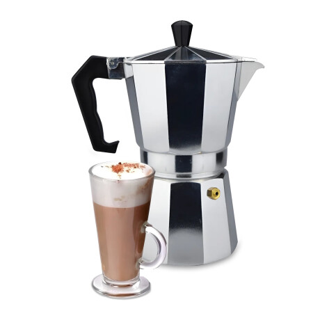 Set Cafetera Italiana Aluminio + Tazas X6 Cónico Vidrio Plateado