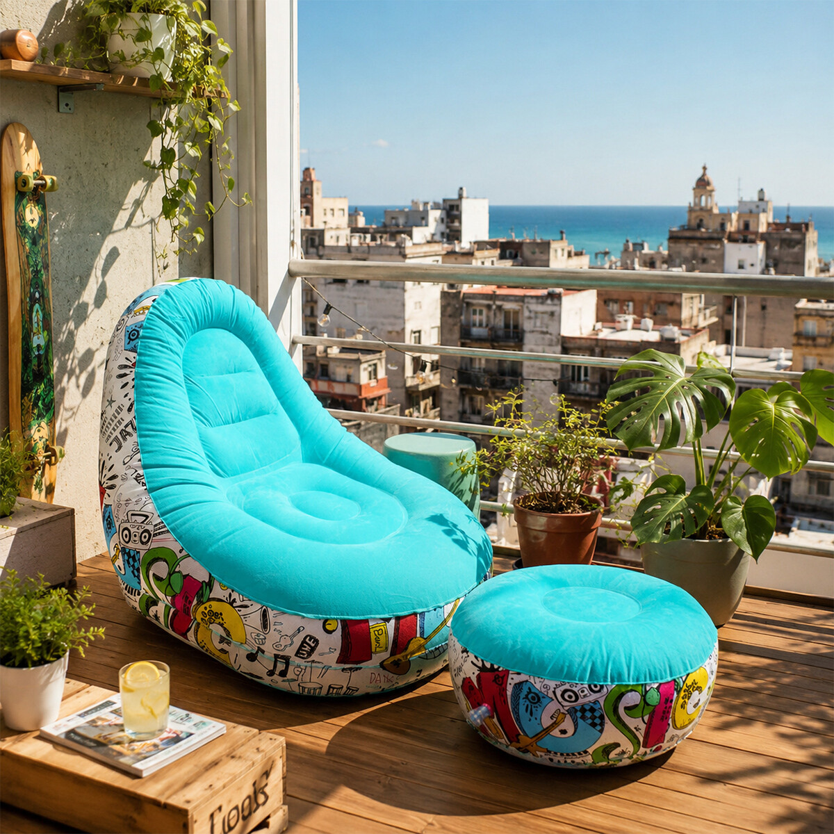 Sillón Inflable Con Puff Sofá Con Apoyapies - Celeste 