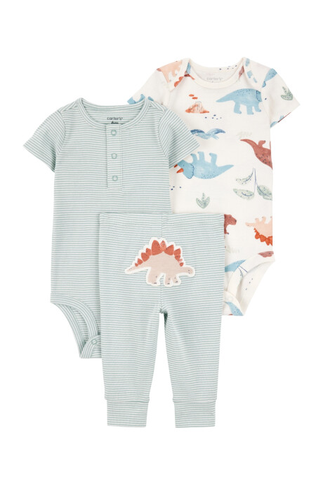 Set tres piezas de algodón, pantalón y dos bodies, diseño dinos Sin color