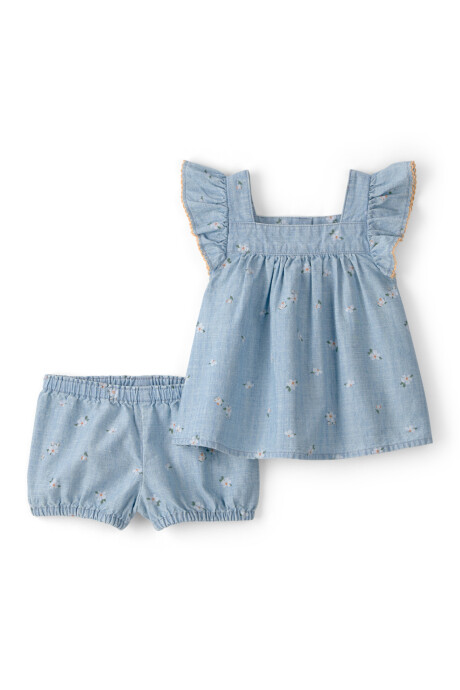 Set dos piezas de chambray, short y remera, azul, diseño floral Sin color
