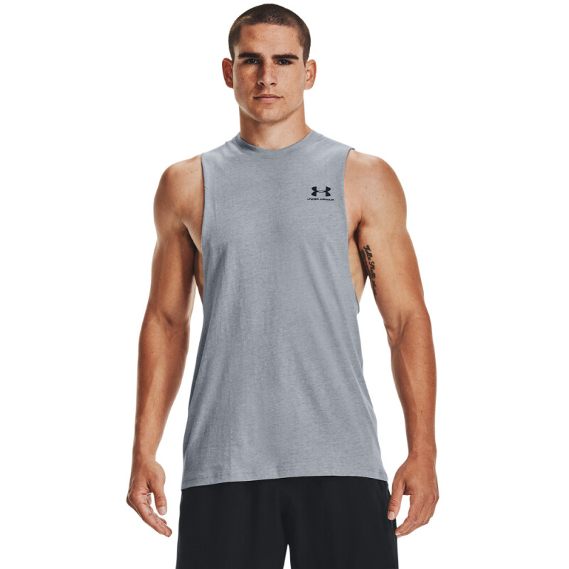UA LEFT CHEST CUT OFF TANK-GRN GRY-035